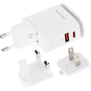 WAYME 25W USB-C PD + QC3.0 mrežni punjač s dodirnom LED lampom + adapteri - priključci za EU, UK i USA utičnice