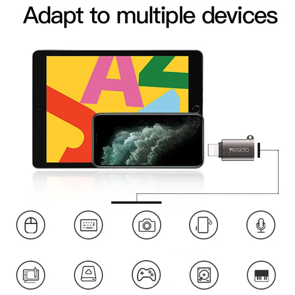 Yesido - OTG adapter (GS14) - USB 2.0 na Lightning- Plug & Play- 480 Mbps - crni