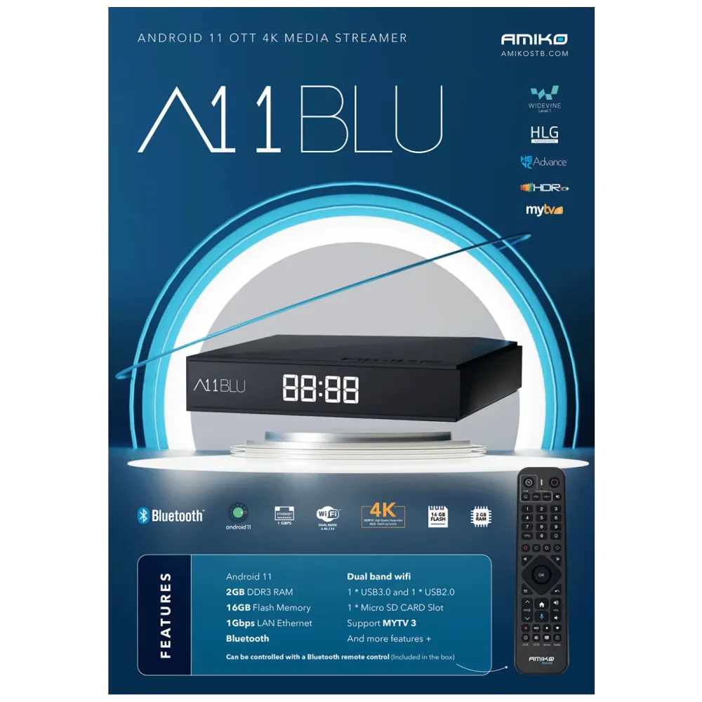 Amiko Prijemnik IPTV, Android OS, 2/16GB, 4K, WiFi, Bluetooth - A11 BLU