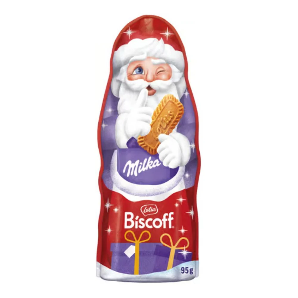 Milka čokolada Santa Claus Lotus Biscoff, alpska mliječna čokolada s komadićima karameliziranih keksa od 95g