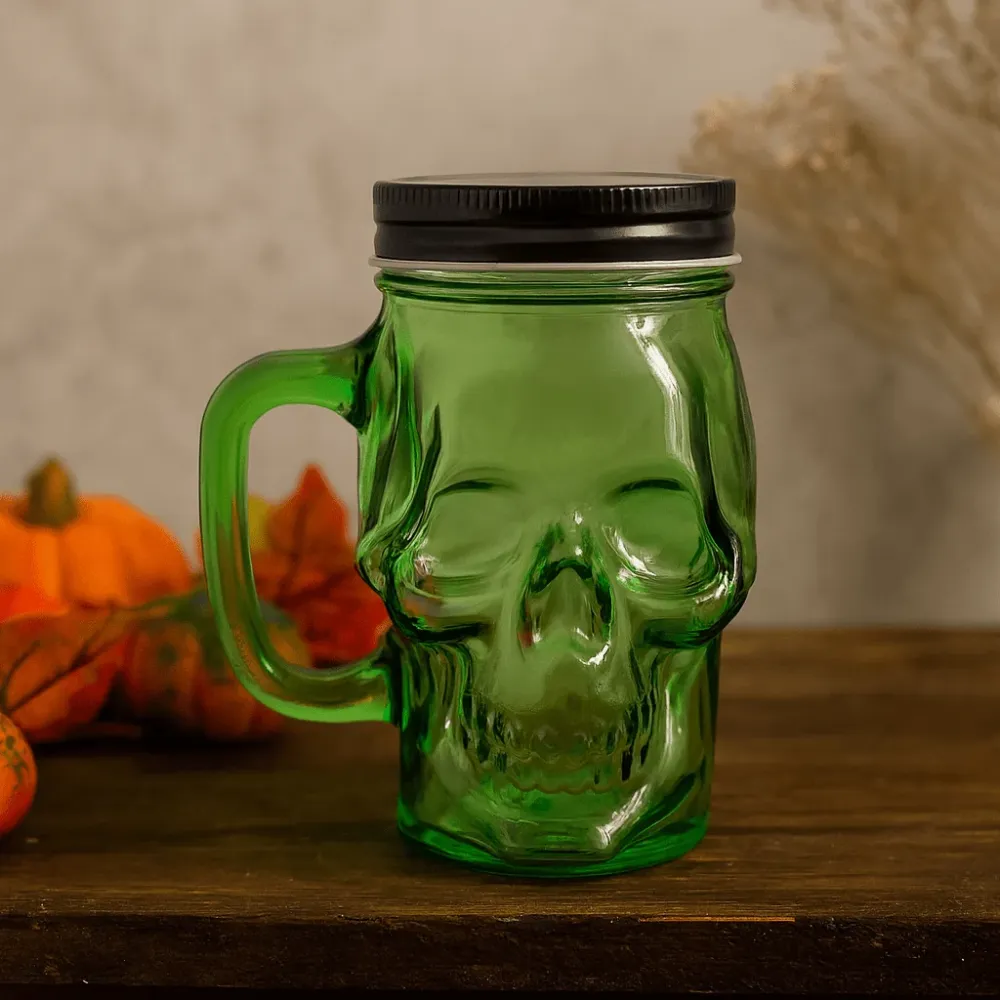 Staklenka Mason s poklopcem u obliku lubanje zelena 450ml