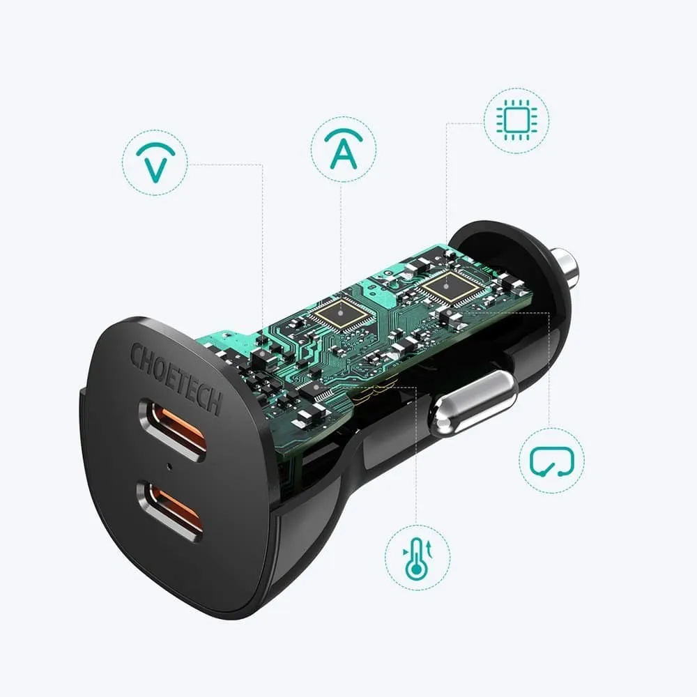 Choetech auto punjač 2x USB Type C Quick Charge Power Delivery 40W FCP AFC