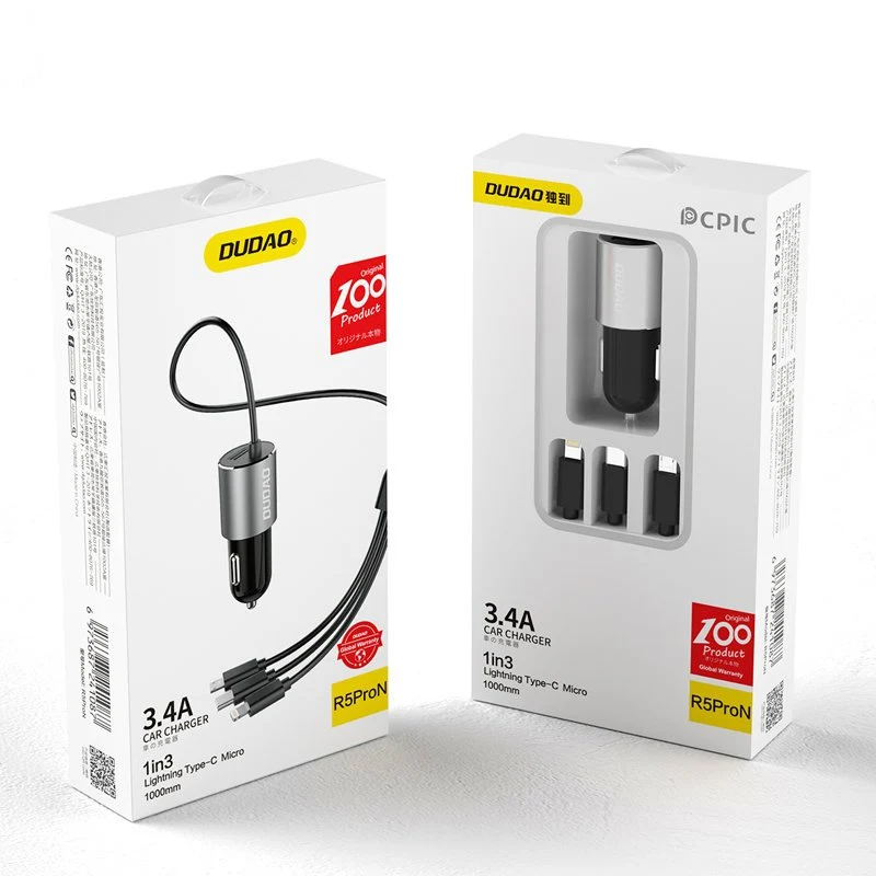 Dudao auto punjač 3,4 sa ugrađenim 3u1 USB kabelom