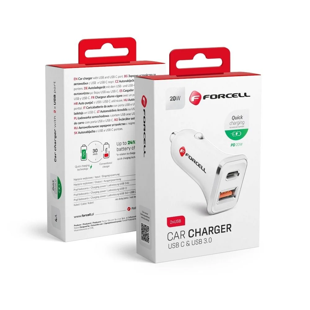 FORCELL auto punjač USB 3.0 + USB C Quick Charging + Power Delivery PD20W 4A CC-QCPD01 bijeli