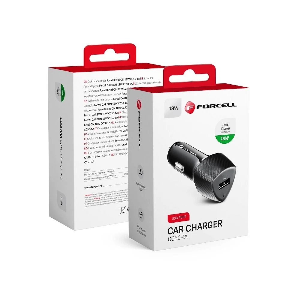 FORCELL CARBON auto punjač USB QC 3.0 18W CC50-1A crni (Ukupno 18W)