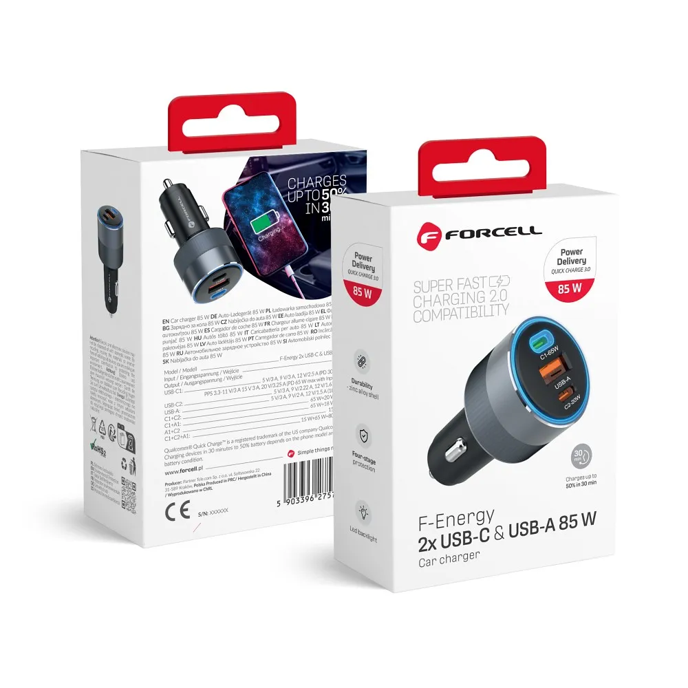 FORCELL F-ENERGY Alu - auto punjač 85W PD+QC4.0+SAM SFC 2.0, 2xUSB C+USB