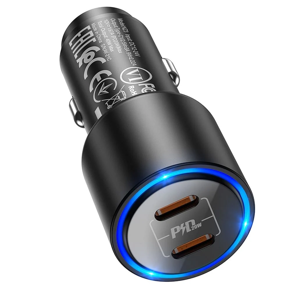 HOCO Auto punjač (NZ3 Clear Way) - 2xUSB Type-C QC 3.0 PD 40W 3A - crni