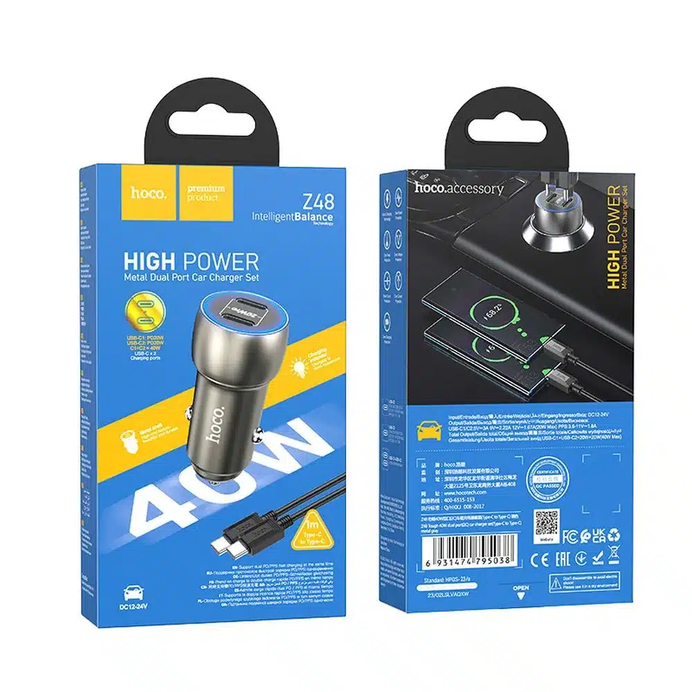 HOCO auto punjač 2x Type C + kabel Type C na Type C PD 40W Z48 sivi
