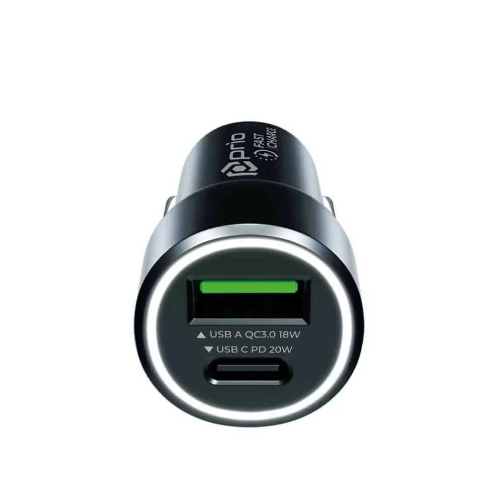 Prio Fast Charge Car Charger 20W PD (USB C) + QC 3.0 (USB ) black