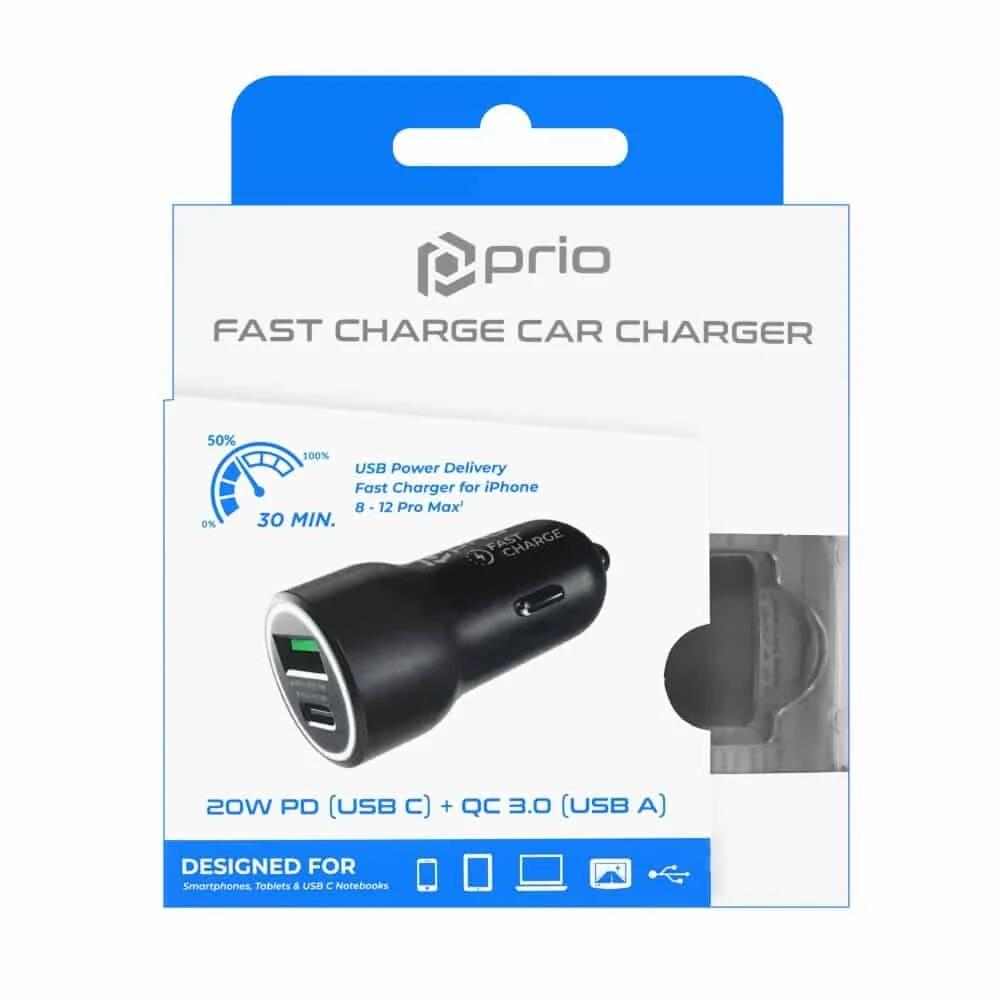 Prio Fast Charge Car Charger 20W PD (USB C) + QC 3.0 (USB ) black