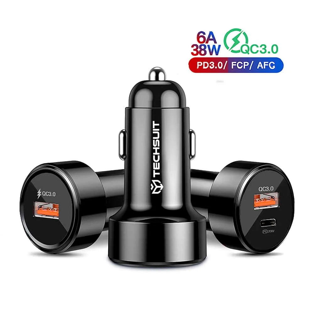 Techsuit - vrhunski auto punjač (CAPD028) - USB- QC 3.0 i USB-C 38 W - crni