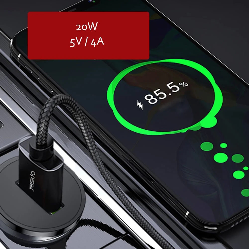 Yesido - Auto punjač (Y38) - USB, QC3.0, FCP, AFC, 20W, 4A - crni
