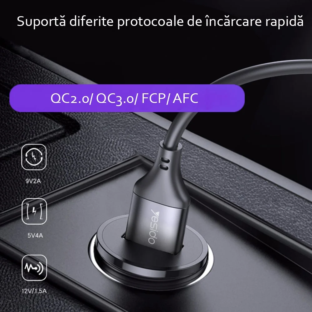 Yesido - Auto punjač (Y38) - USB, QC3.0, FCP, AFC, 20W, 4A - crni
