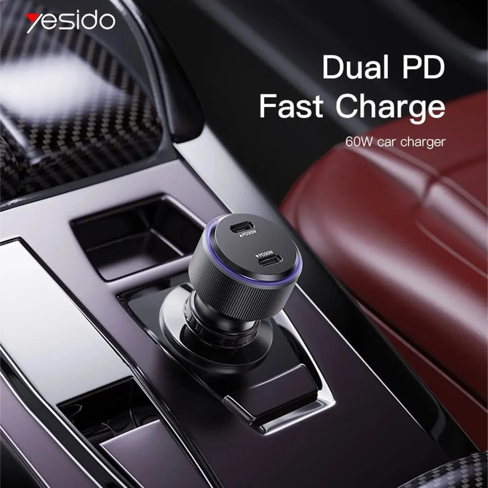 Yesido - Auto punjač (Y48) - 2x Type-C brzo punjenje 60 W - crni