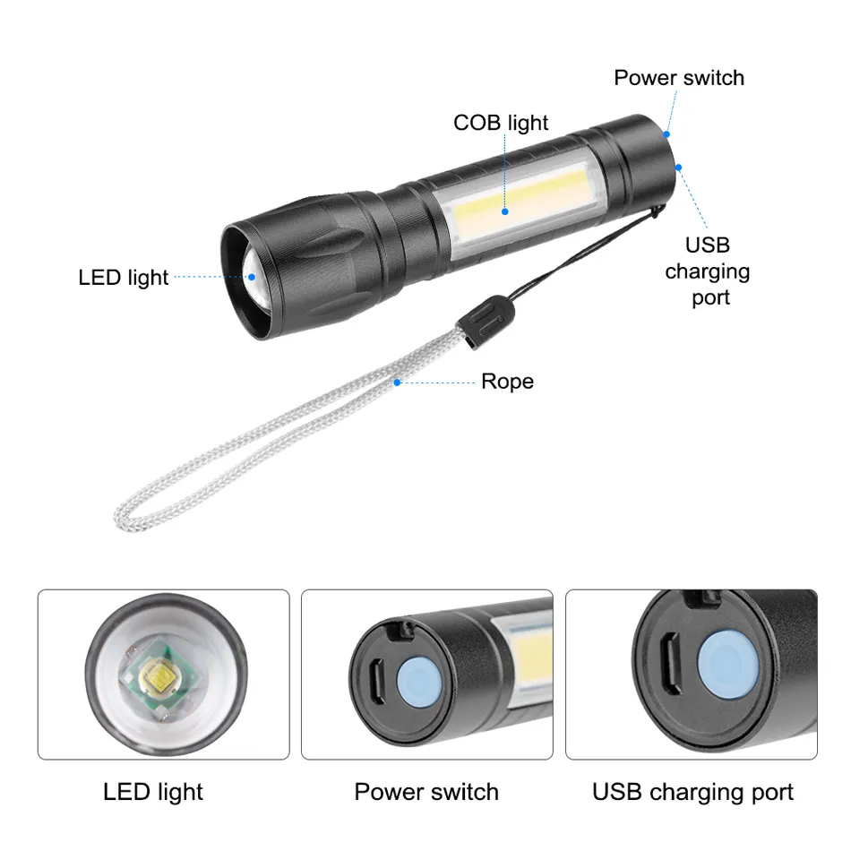 USB Punjiva LED Baterijska Lampa sa COB Bočnim Svetlom