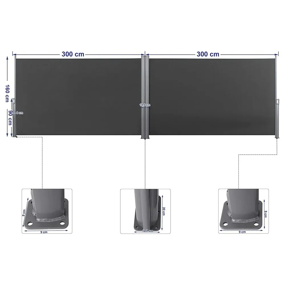 Dvostrana, razvlačna tenda 160 x 600 cm, siva