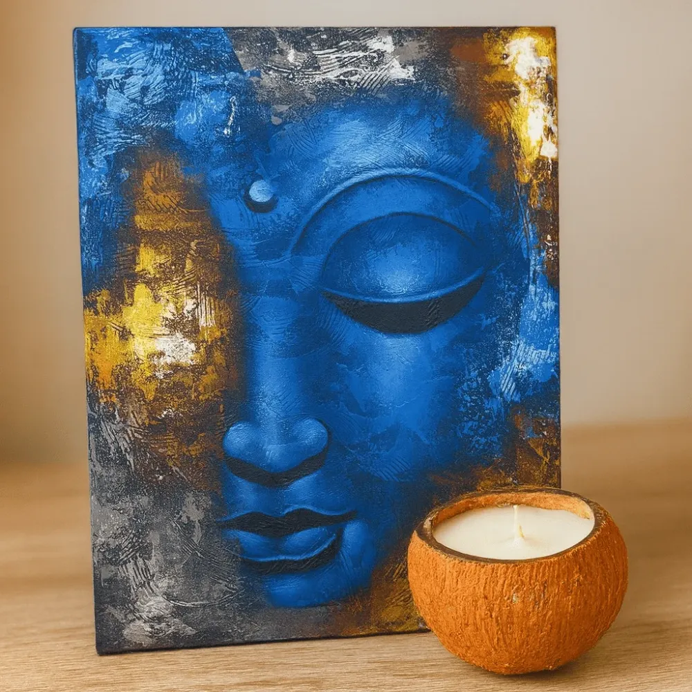 Buddha platnena slika, apstraktno plavo lice