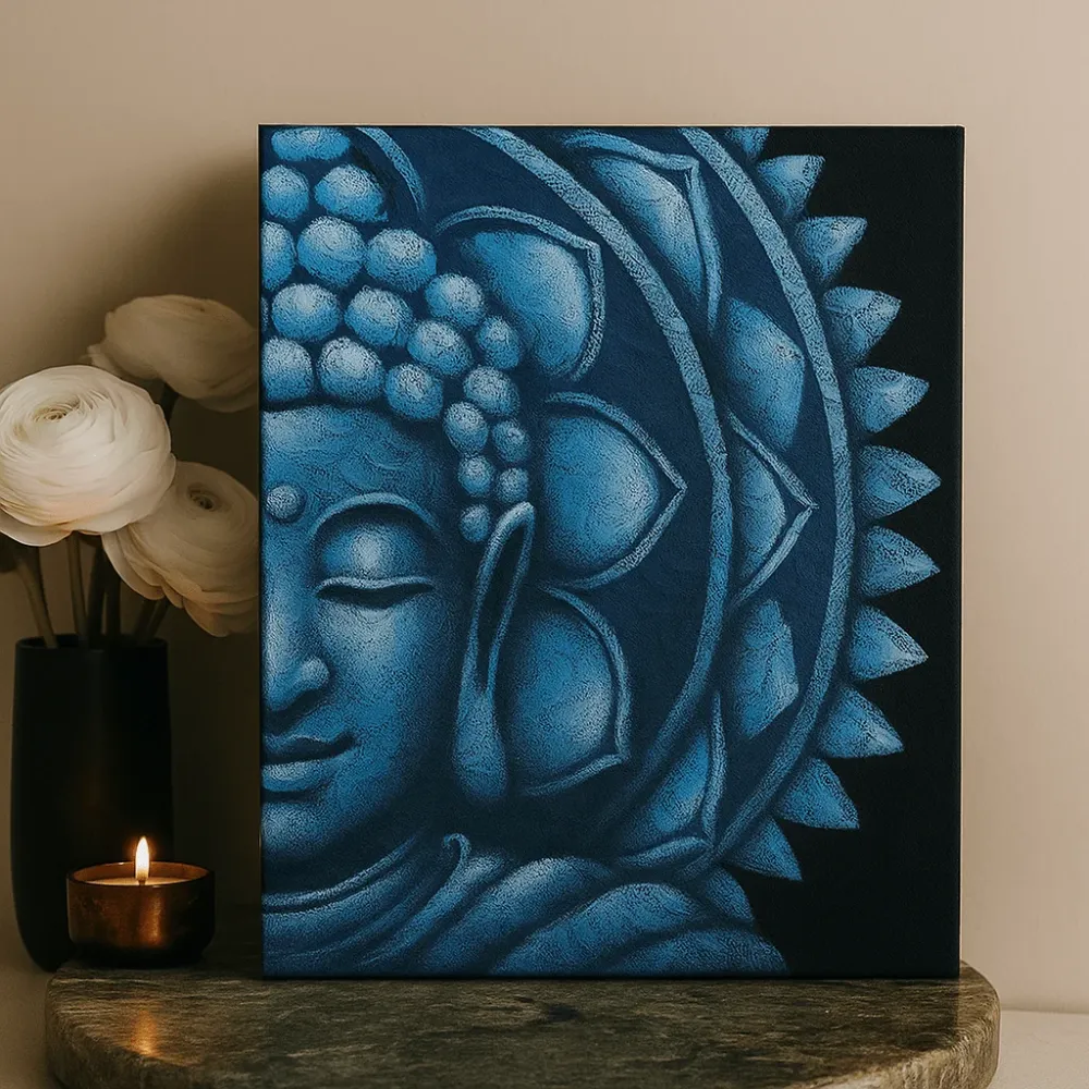 Buddha platnena zidna umjetnost, polu mandala plava 60x80cm