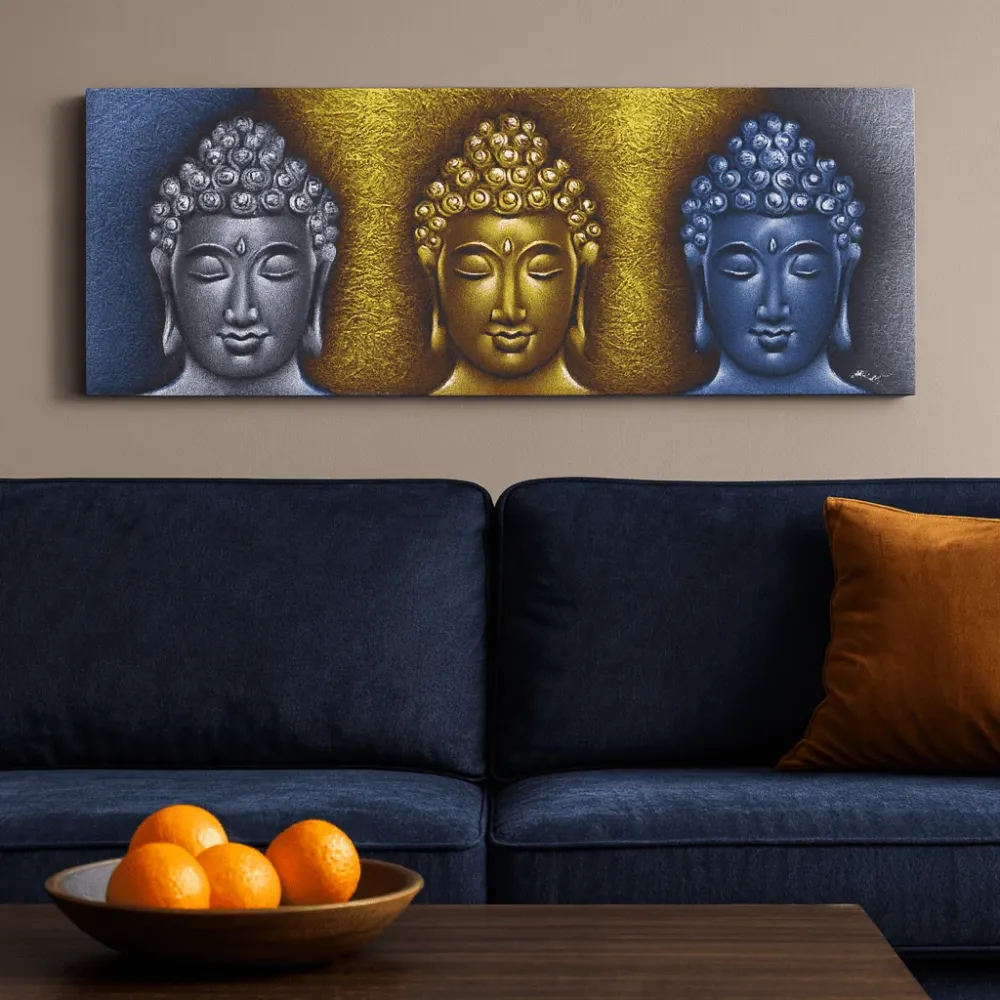 Buddha platnena zidna umjetnost, tri glave zlatni detalj