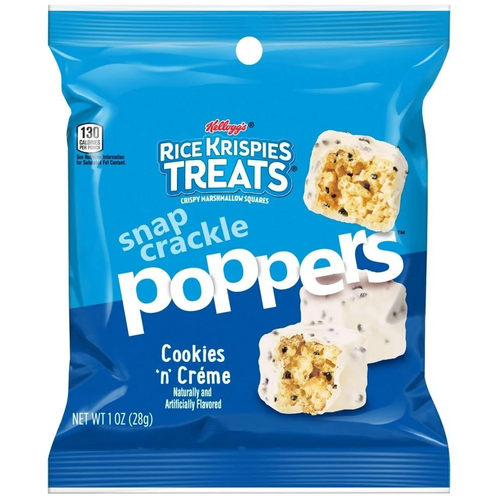 Rice Krispies Snap Crackle Poppers Cookies 'n' Creme, napuhana riž prekrivena bijelom čokoladom i komadićima keksa od 28g