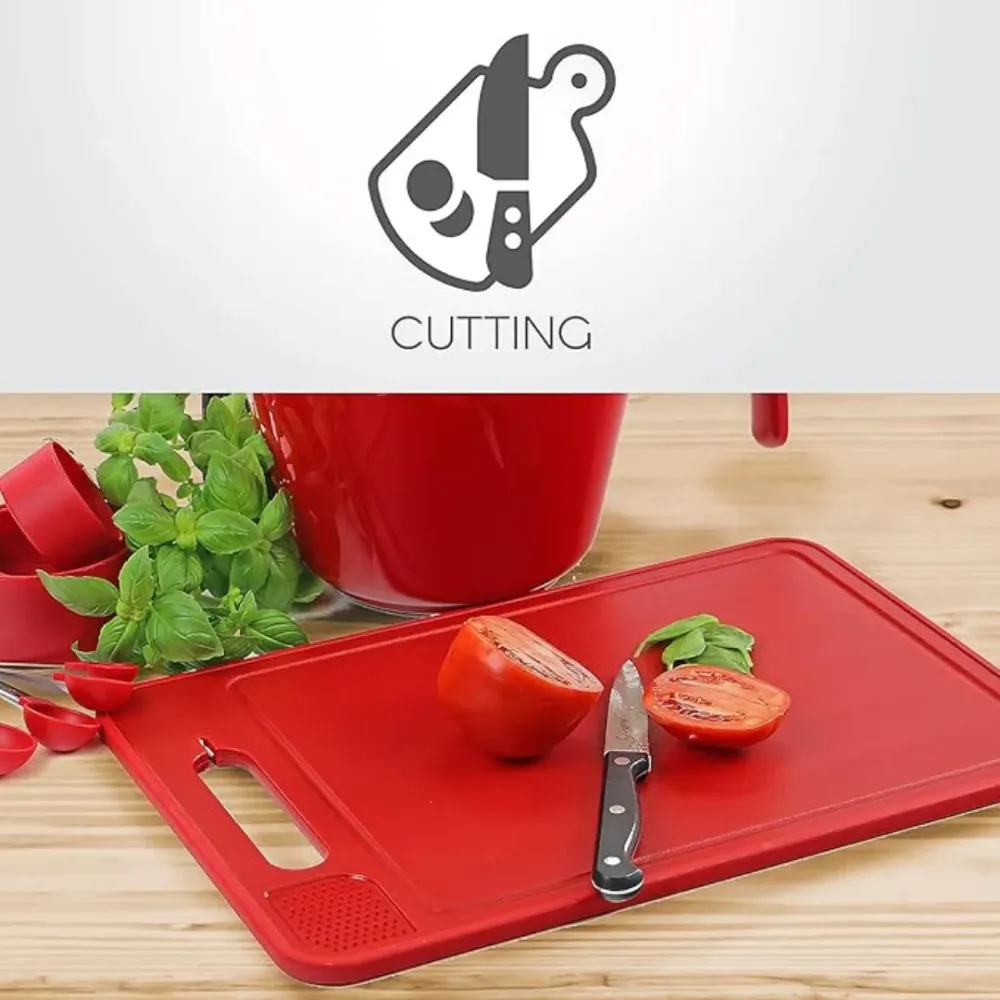 Multiple Function Cutting Board Defrosting Tray, Zester & Knife Sharpner - Red