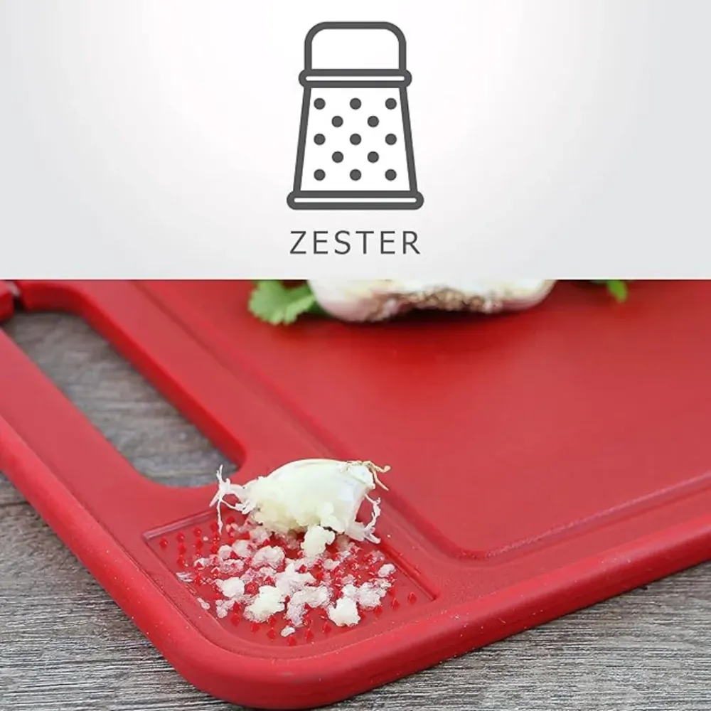 Multiple Function Cutting Board Defrosting Tray, Zester & Knife Sharpner - Red