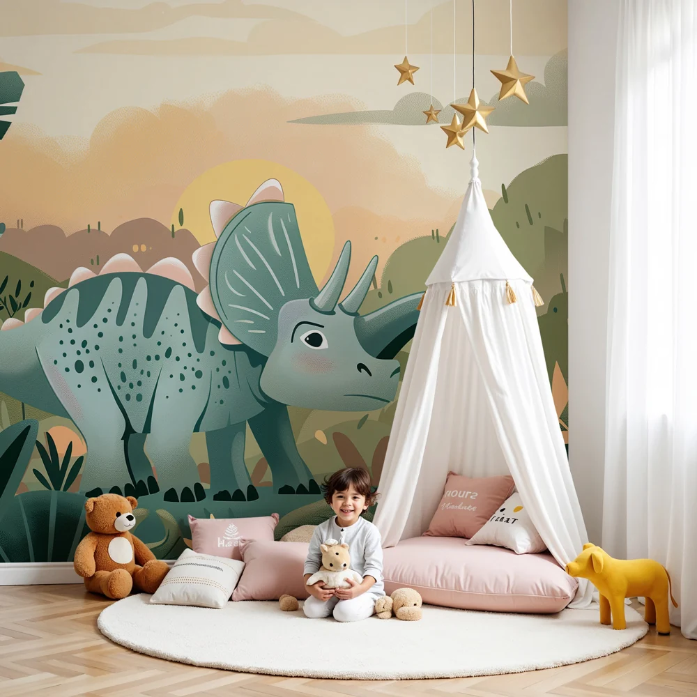 Dječja soba tapeta - Simpatični triceratops istražuje džunglu u sumrak tonovima
