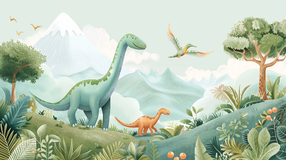 Tapeta dječja soba | Prijateljski dinosauri u očaravajućem prapovijesnom krajoliku