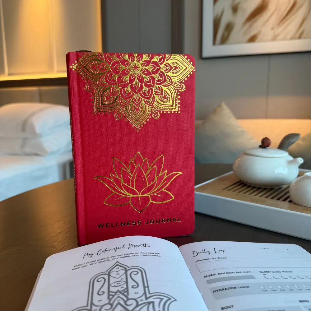 Crveni wellness dnevnik – 120 stranica – Zlatna mandala i lotus