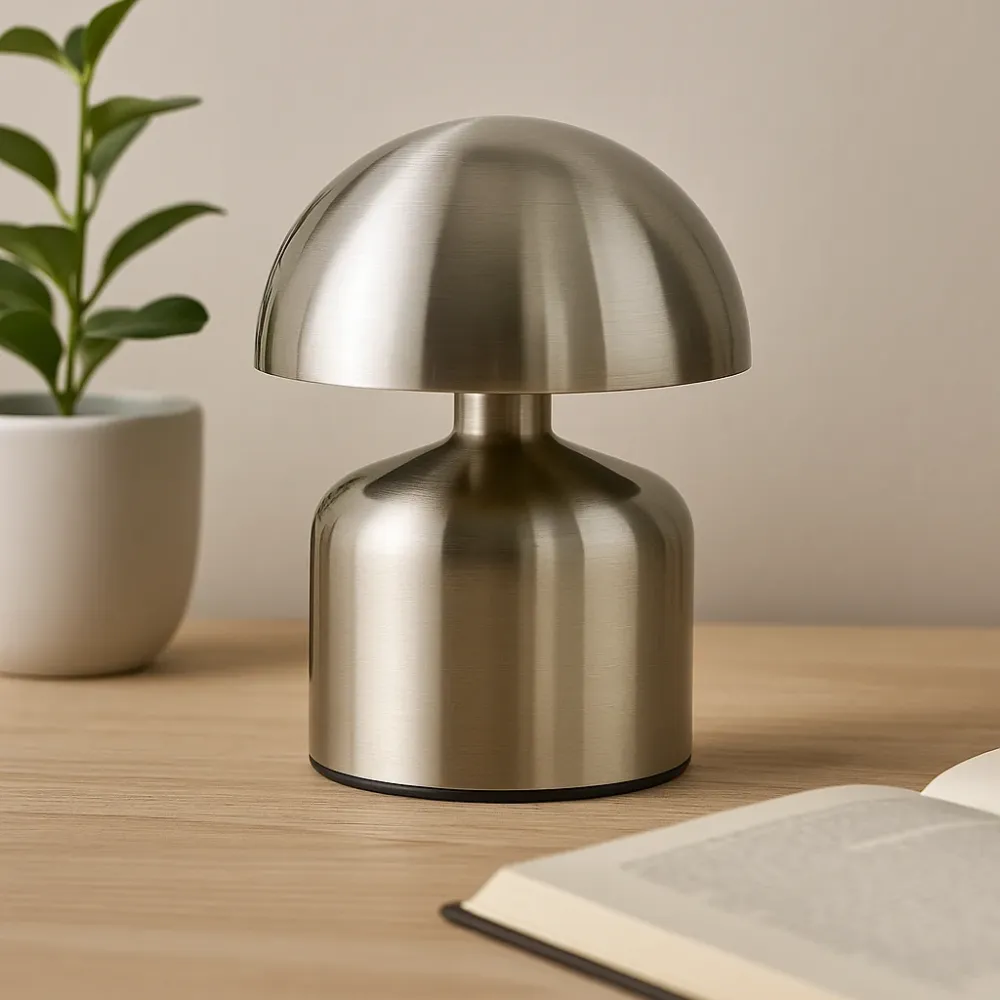 Satinasto srebrna stolna lampa u obliku gljive s dodirnim upravljanjem, punjiva preko USB‑C priključka