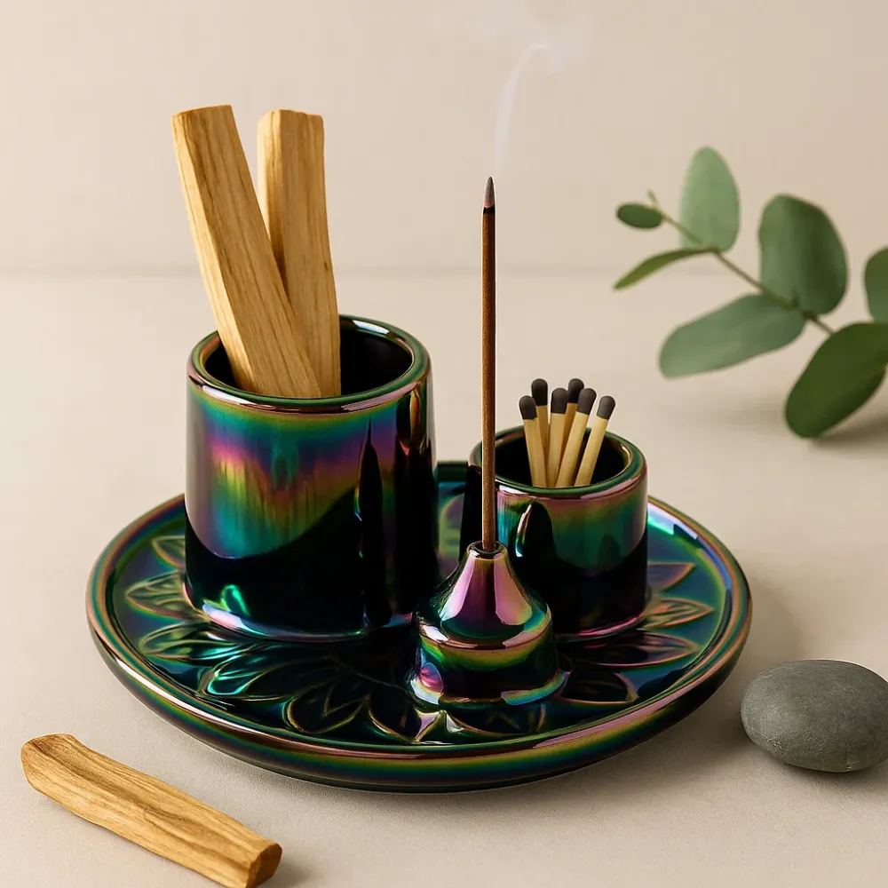 Držč za tamjan Palo Santo s iridescentnim mandala uzorkom, keramika