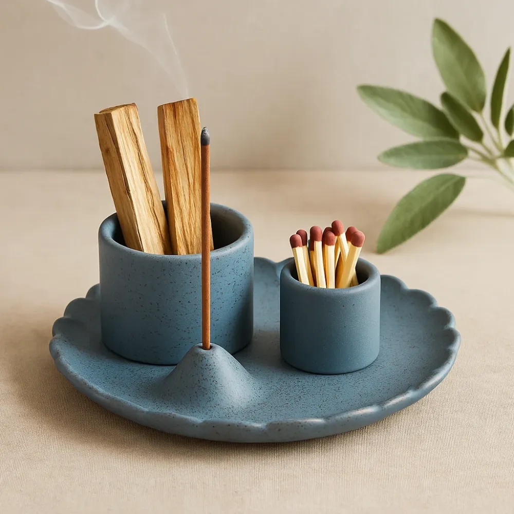 Plavi keramički držč tamjana Lotus Palo Santo i kadulje