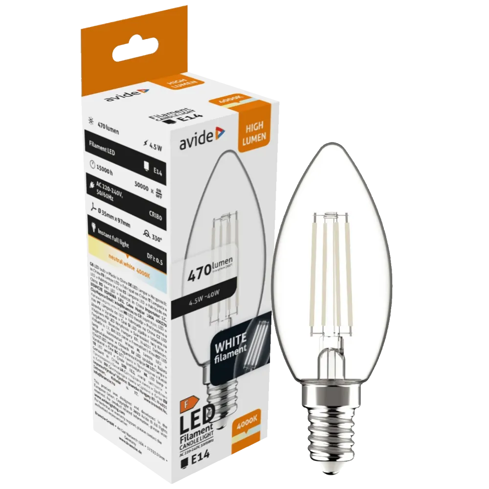 Avide Žarulja, LED 4.5W, E14, 4000K, 230V AC, bijela svjetlost - White Filament Candle 4.5W E14