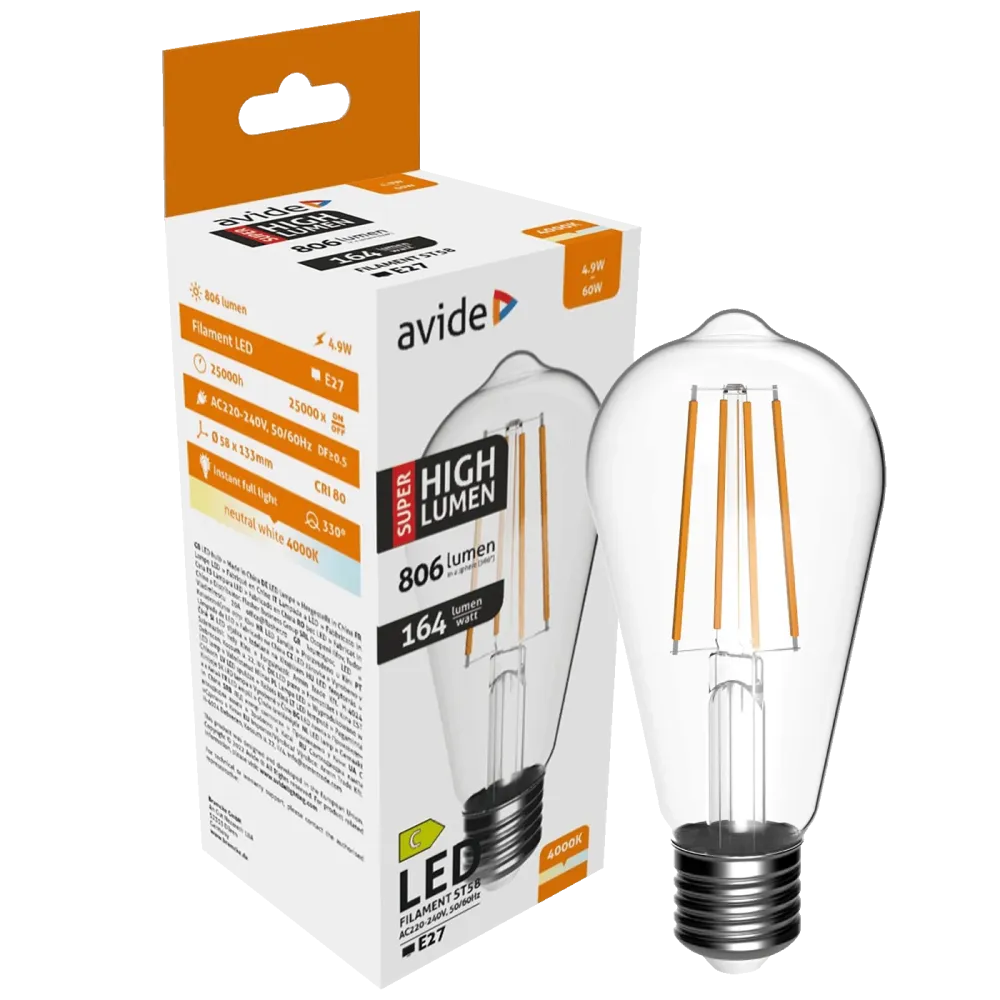 Avide Žarulja, LED 4.9W, E27, 4000K, 230V AC, bijela svjetlost - Filament ST58 4.9W E27