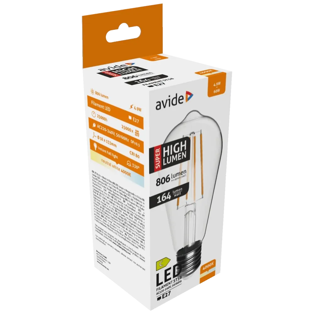 Avide Žarulja, LED 4.9W, E27, 4000K, 230V AC, bijela svjetlost - Filament ST58 4.9W E27