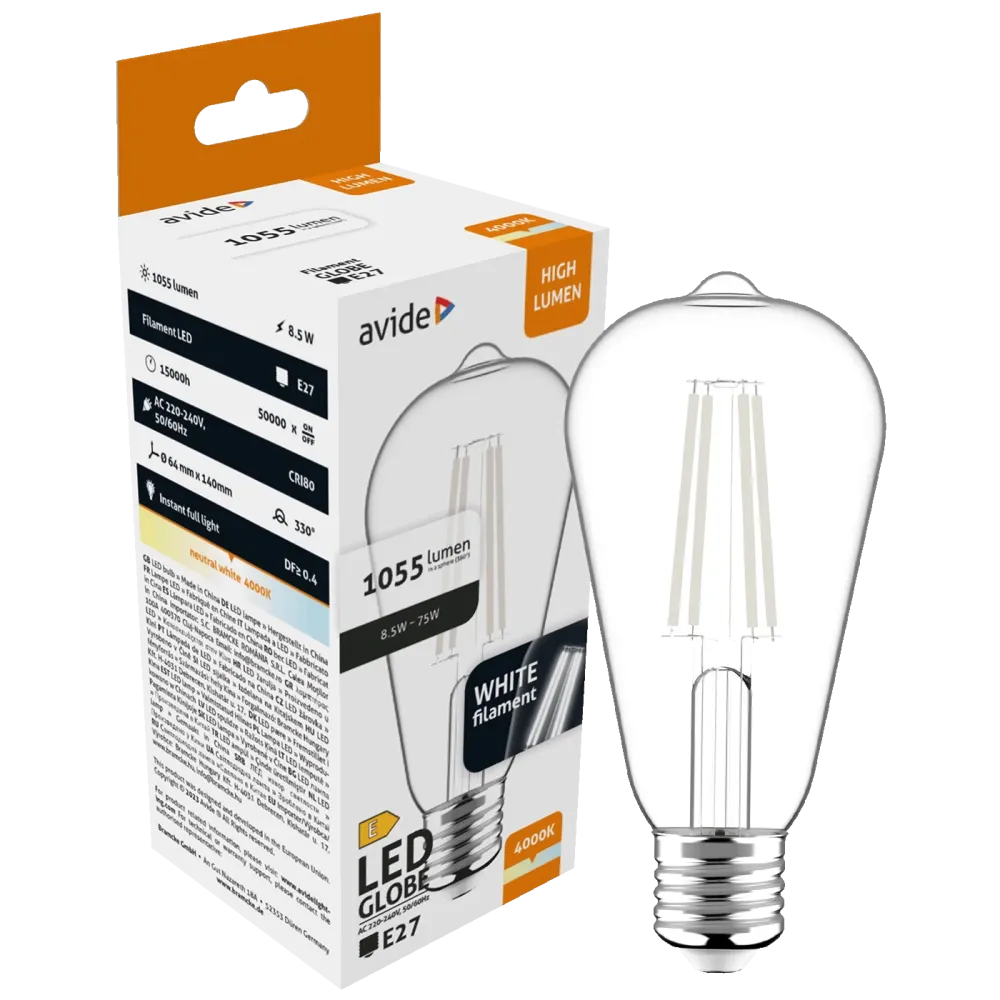Avide Žarulja, LED 8.9W, E27, 4000K, 230V AC, bijela svjetlost - White Filament ST64 8.5W E27