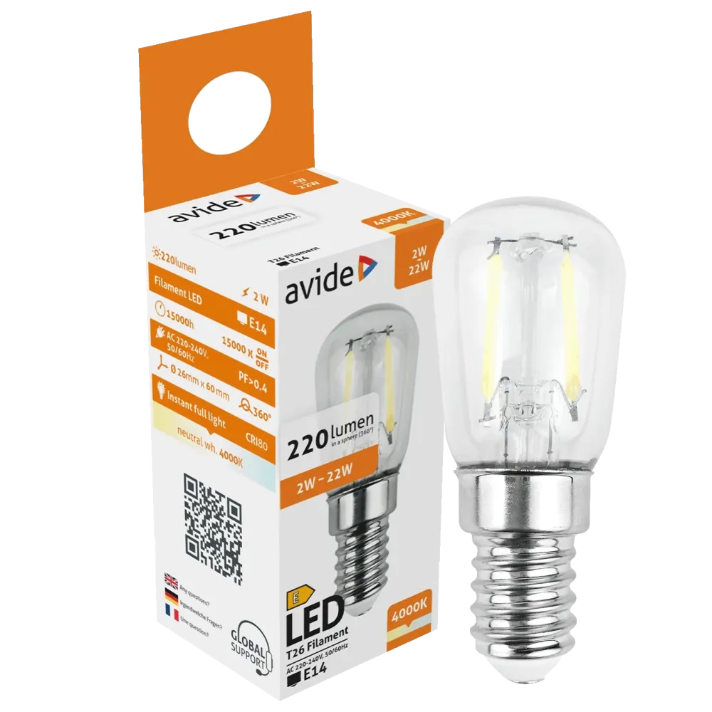 Avide Žarulja, LED 2W, E14, 4000K, 230V AC, bijela svjetlost - Filament T26 2W E14