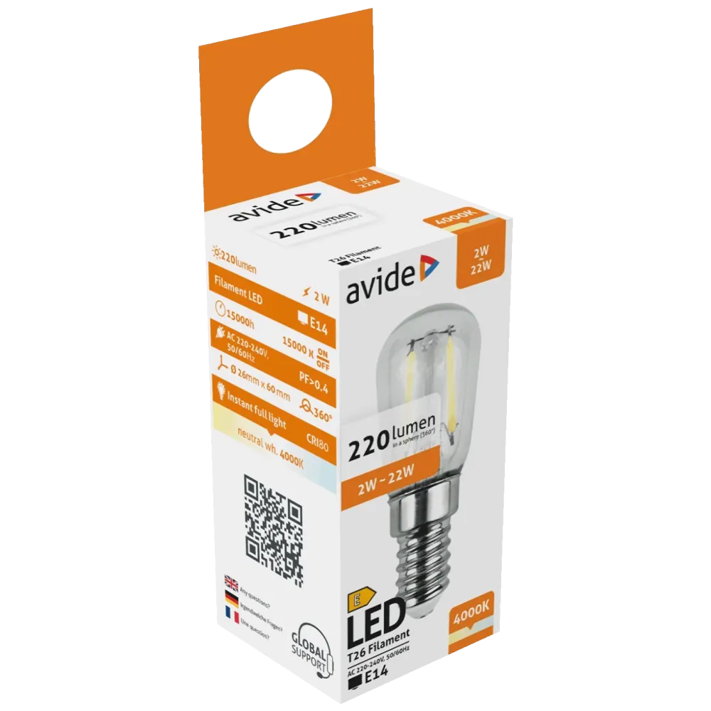 Avide Žarulja, LED 2W, E14, 4000K, 230V AC, bijela svjetlost - Filament T26 2W E14