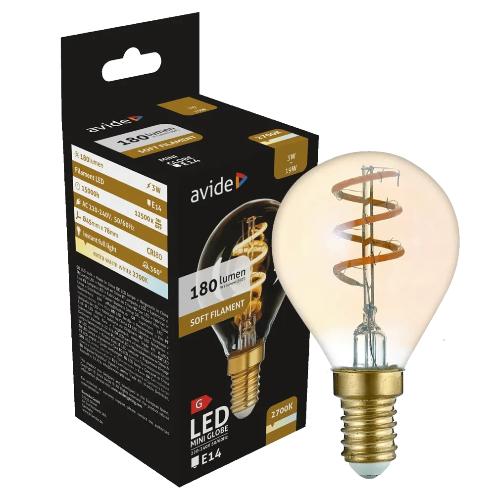 Avide Žarulja,LED,3W,E14,2700K,230V AC,topla bijela svjetlost - Soft Filament Mini Globe 3W E14