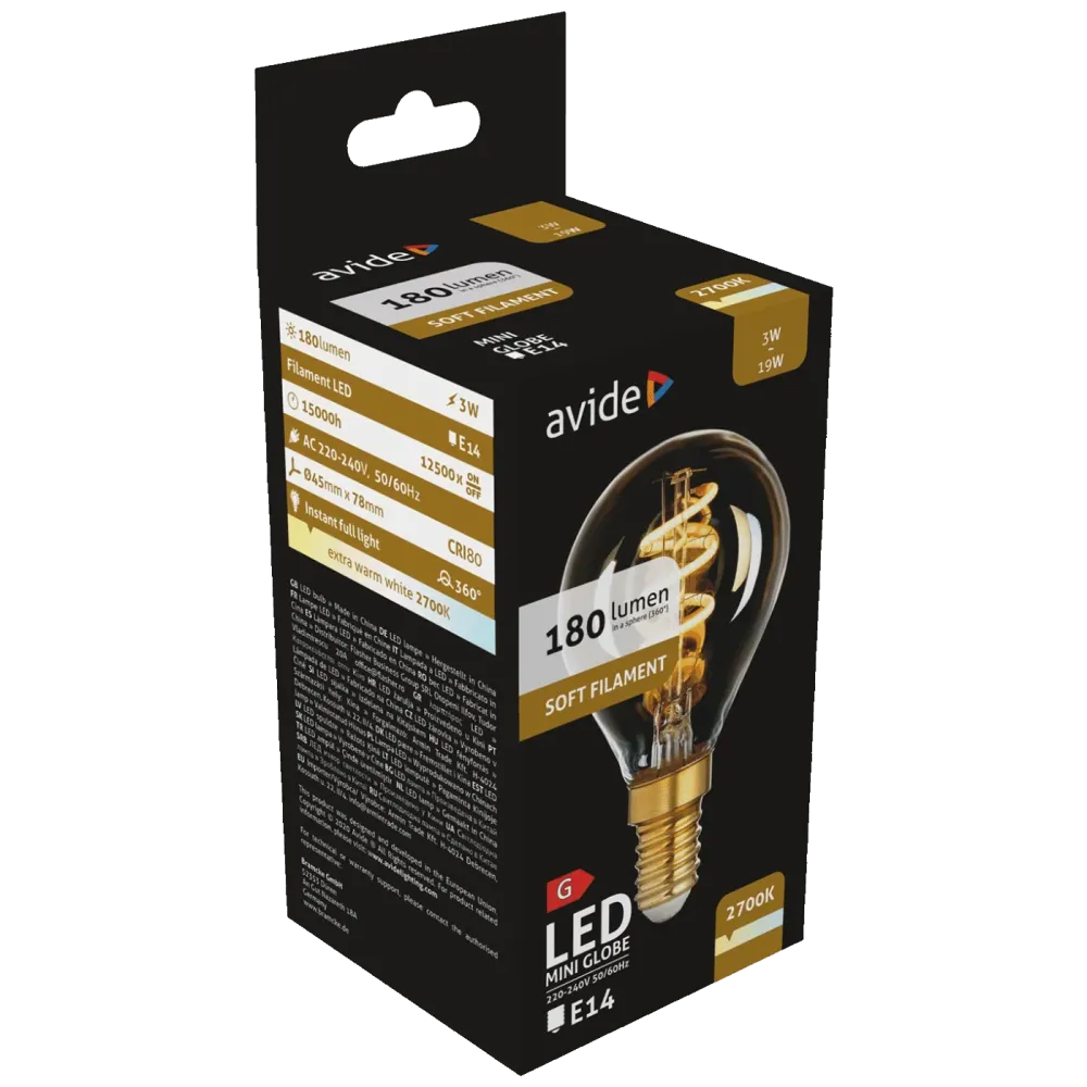 Avide Žarulja,LED,3W,E14,2700K,230V AC,topla bijela svjetlost - Soft Filament Mini Globe 3W E14