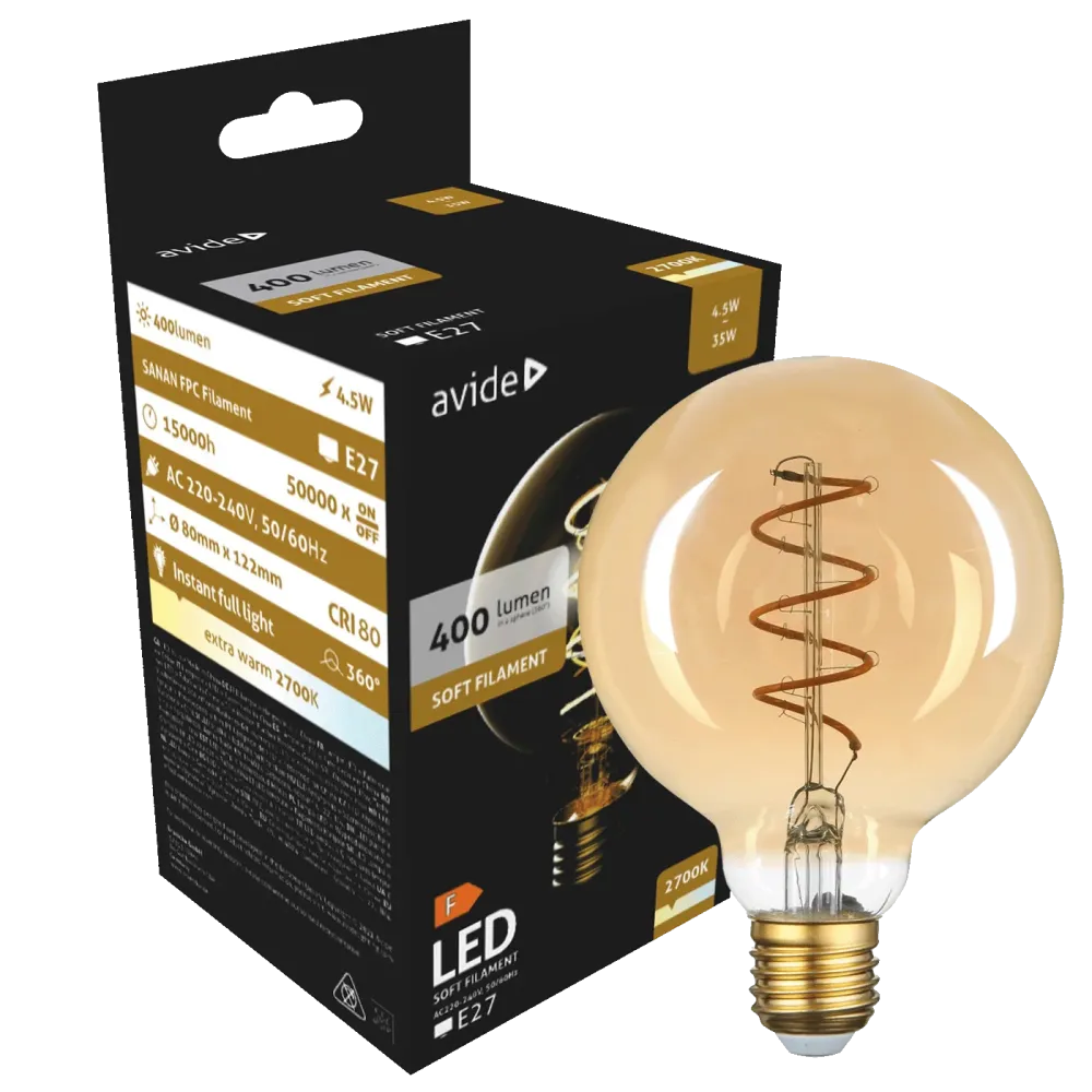 Avide Žarulja,LED,4.5W,E14,2700K,230V AC,topla bijela svjetlost - Soft Filament G80 4.5W E27