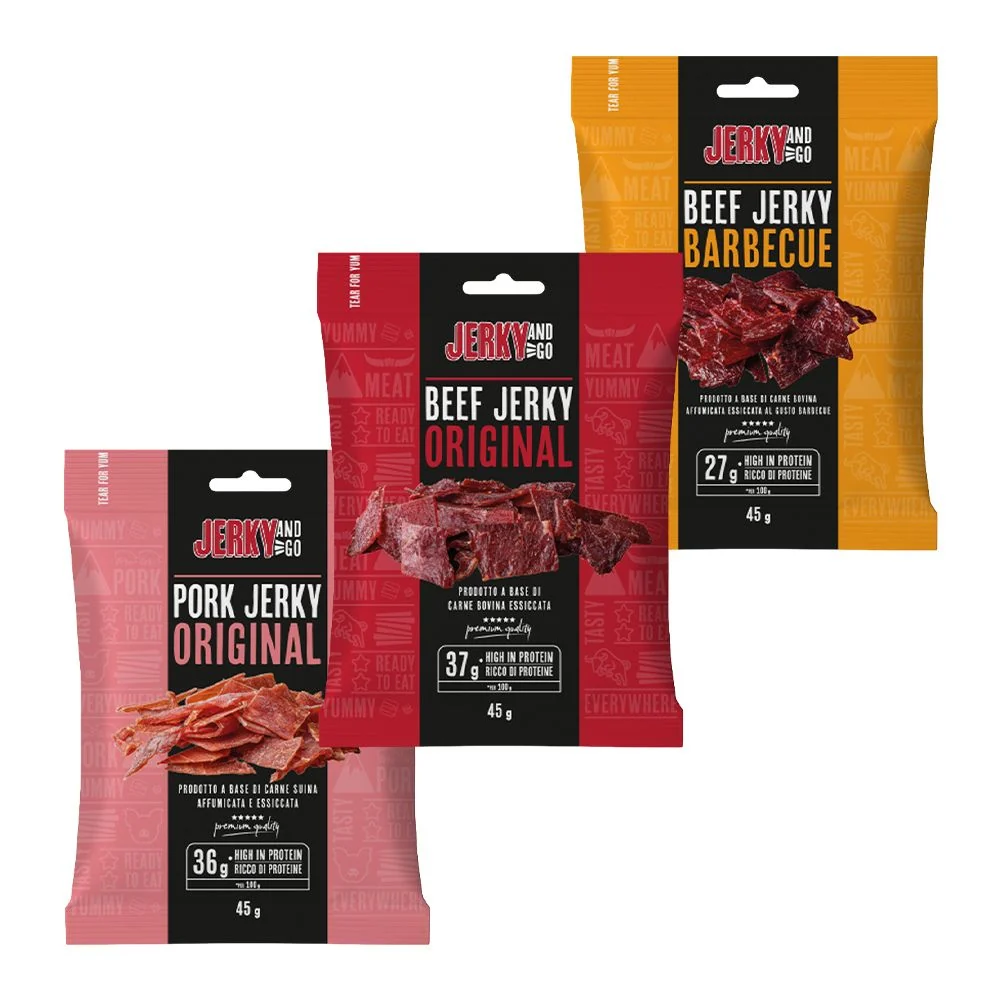 Jerky And Go Mješavina: 1 Jerky and Go Beef Jerky Original od 45g, 1 Jerky and Go Beef Jerky Barbecue od 45g, 1 Jerky and...