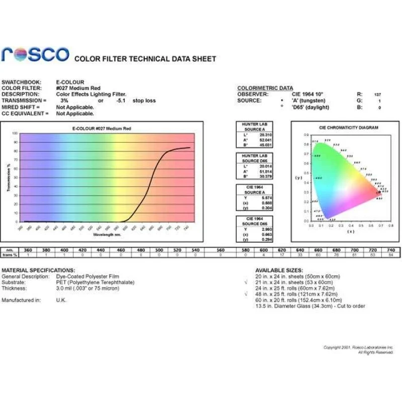 Rosco Filter folija E-Colour #027 Medium red (crvena) 53x122cm