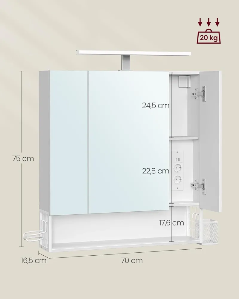 Kupaonski ormarić s LED rasvjetom, utičnicama, 16,5 × 70 × 75 cm, oblačno bijela