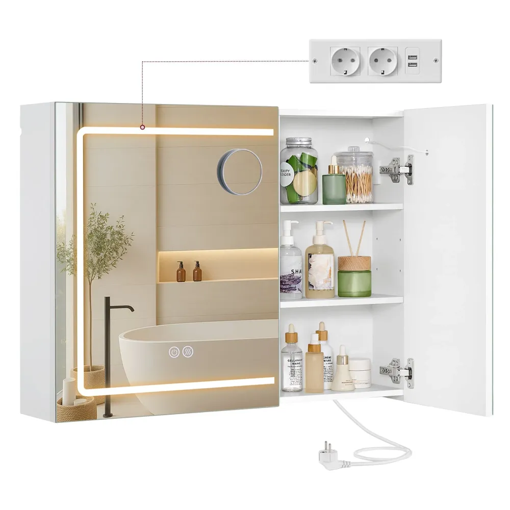Kupaonski zidni ormar s ogledalom i LED rasvjetom, 16,5 x 80 x 60 cm, bijeli