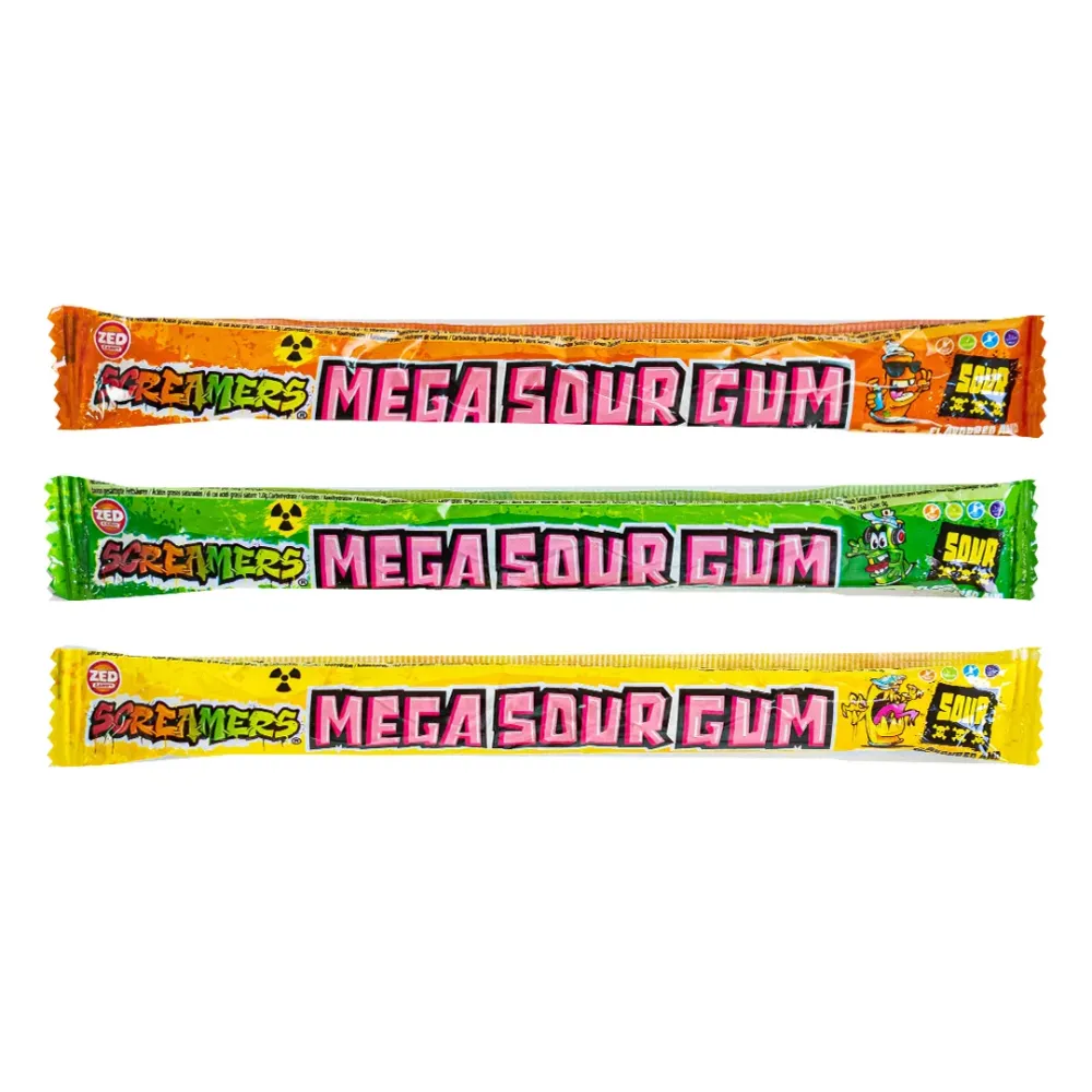Screamers Mega Sour Gum, guma za žvakanje kiselog okusa s iznenađenjem između limuna, naranče i jabuke od 17g