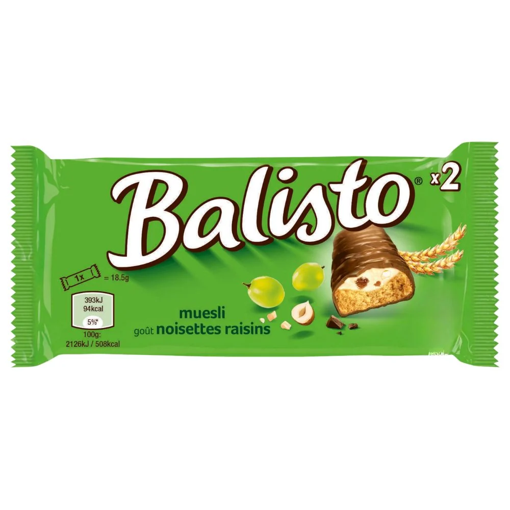 Balisto Muesli, pločice s kremom od lješnjaka i grožđicama prekrivene čokoladom od 37g