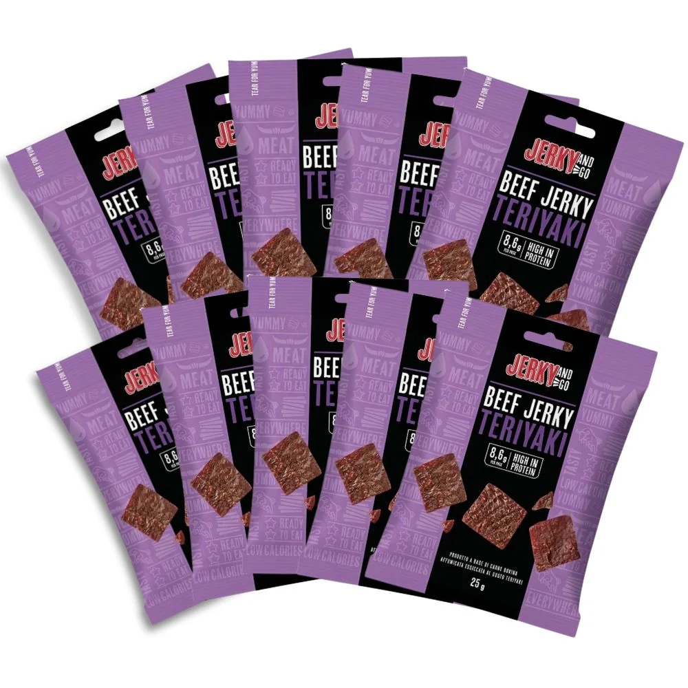 Jerky And Go Teriyaki goveđi jerky, snack sušeno i dimljeno goveđe meso s okusom Teriyaki od 25g (Pakiranje od 10)