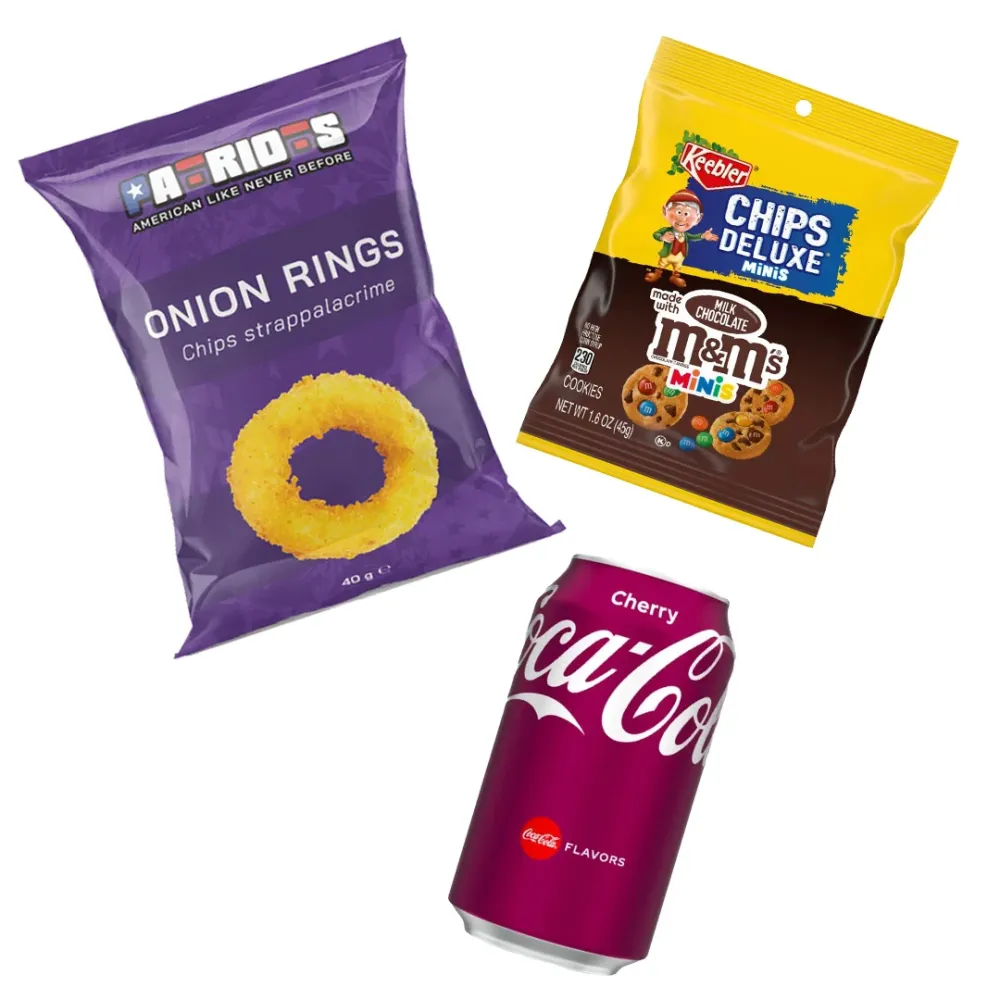 SNACK & GO KIT: Coca Cola Cherry, M&M’s Bite Size Cookies, Patriots prstenovi luka