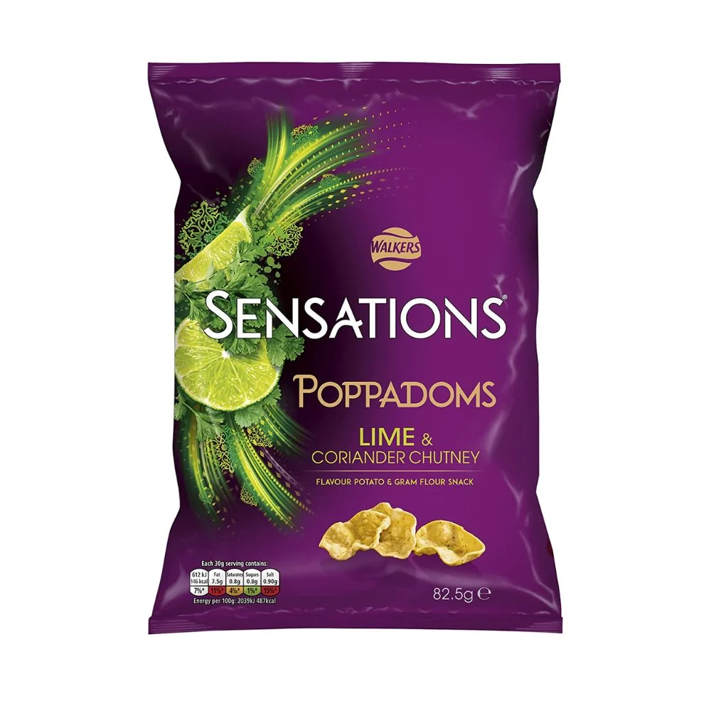 Walkers Sensation Poppadoms Lime & Coriander Chuntney, čips s okusom limete i korijandera od 82,5g